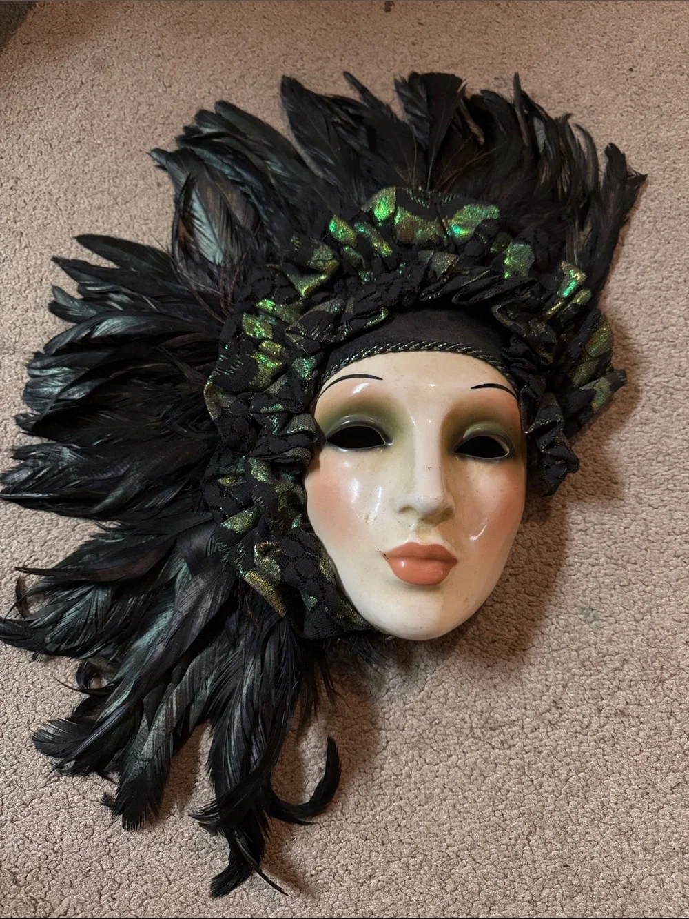 Beautiful Feathered Clay Art Mask Made in USA